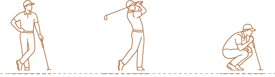 Line-art illustration of a golfer in three different poses